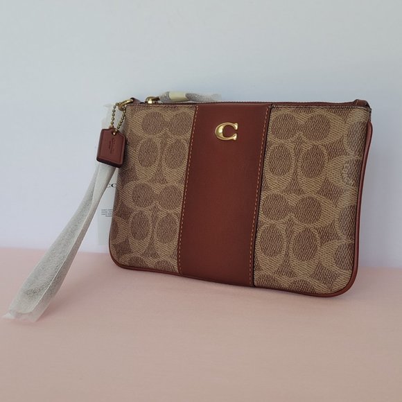 COACH Small Wristlet in Signature Logo Coated Canvas - Tan Rust⭐ - Picture 4 of 16